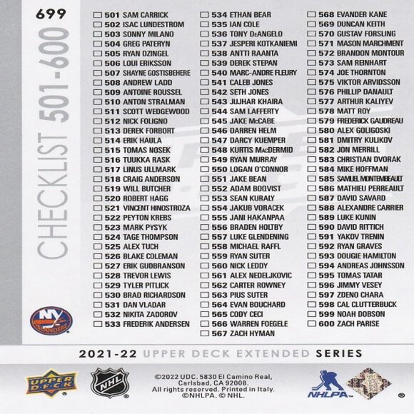 Checklist Card - 2021/2022 Upper Deck Extended Series 501-600 - Card Number 699 - Picture 2 of 2